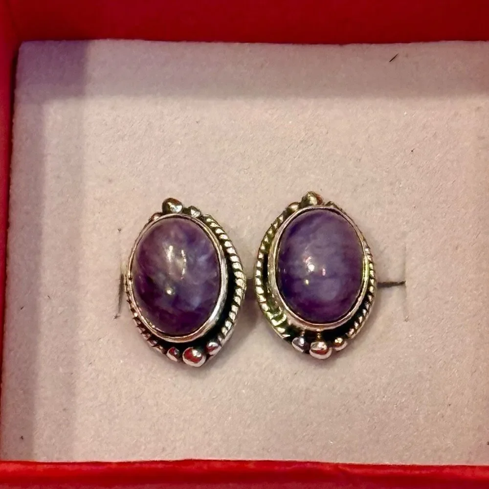 Southwestern Purple Mojave Turquoise Dainty Stud Silver Earrings Handmade New